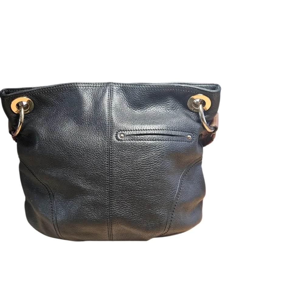B. Makowsky Pebbled Leather Handbag Black Hobo Brown Accents
